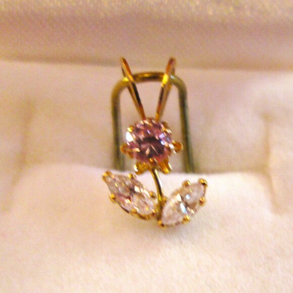 NWT 14Kt Vtg Gold Cubic Zirconic Pendant,pink flower shaped - Picture 3 of 6